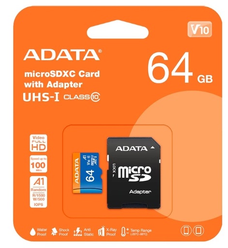 [AUSDX64G] MEMOERIA MICRO SD CLASE-10 ADATA 64GB ADAPTADOR SD